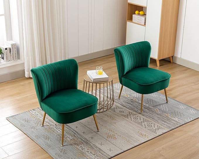 Velvet Accent Chair Set of 2 Comfy Living Room Chairs with Golden Legs Wingback for Bedroom Guest Room, Green