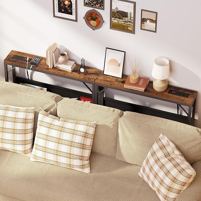 31.5'' Small Console Table with Charging Station and Storage, Narrow Sofa Table with Power Outlets, Behind The Couch Table, for Living Room, Foyer, Entryway, Hallway, Rustic Brown