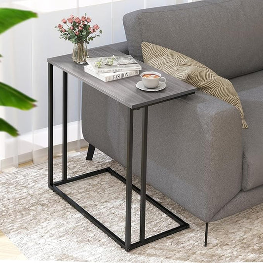 C-Shaped Side Table, Modern End Table with Metal Frame, Space Saving Design for Living Room,Large Surface Couch Table for Bedroom, and Home Office,24 x 12 x 24 inches (Grey)
