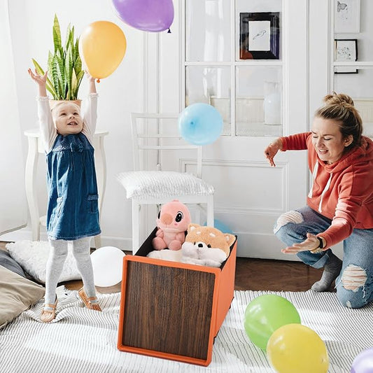 Storage Ottoman for Living Room Ottoman Square with Tray Bedroom Cube Foot Rest Stool with Legs Small Ottomans Coffee Table Lid Foldable Footstool Faxu Leather 15" in (Orange)