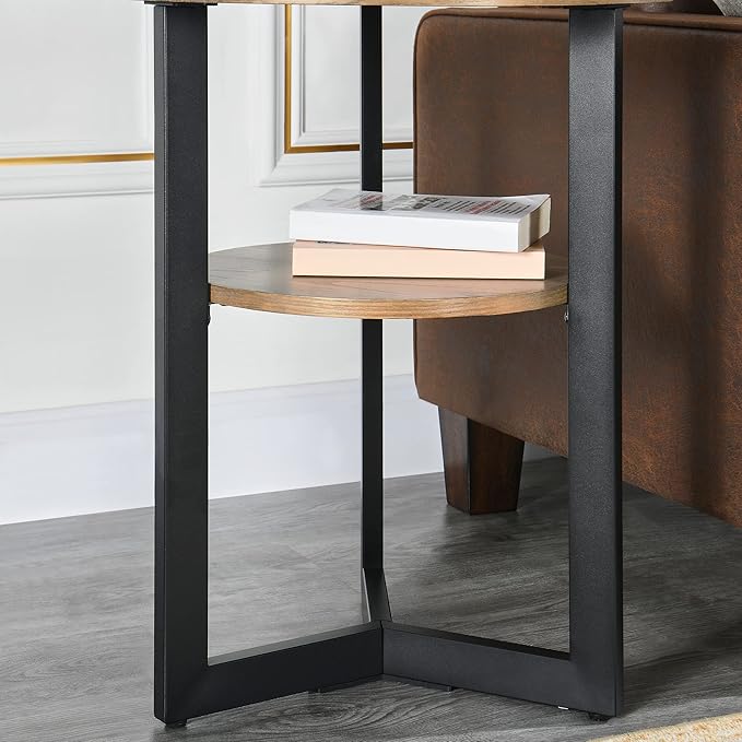 Round End Table with Storage Shelf, 19.29in Circel Accent Side Table with Black Metal Legs, 2-Tier Wood Round Sofa Side Table for Living Room Bedroom, Yellowish Brown-BZ