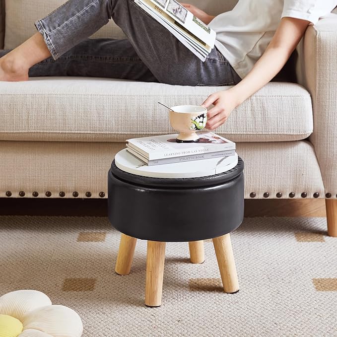 IBUYKE 13 Inch Foot Stool Ottoman with Storage, Round Small Foot Rest with Padded Seat and Wood Legs, PU Faux Leather Mini Footstool for Living Room Couch Bedroom Entryway, Black WBD023B