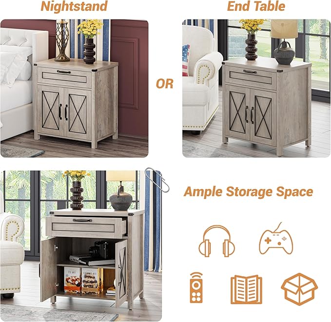 Maupvit End Table, Farmhouse End Table Narrow Side Table for Living Room, Sofa Side Table with Drawer and Storage Cabinet, Small Nightstand for Bedroom(2 Retro-Grey)