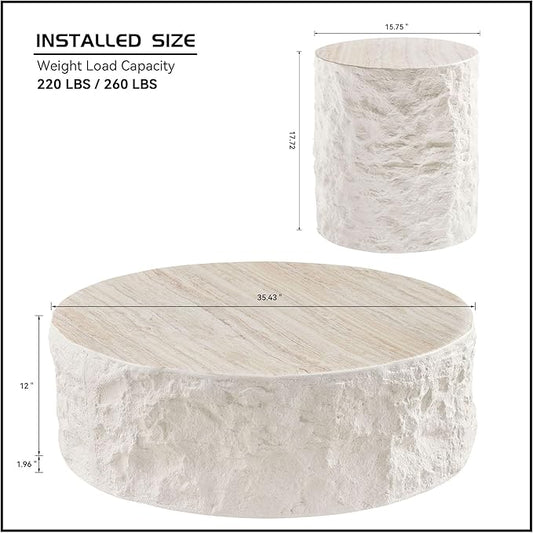 Nesting Coffee Table Set of 2, Modern Round Faux Marble Circle Accent Coffee Tables for Small Spaces Living Room Bedroom Balcony Office Drum Side Table