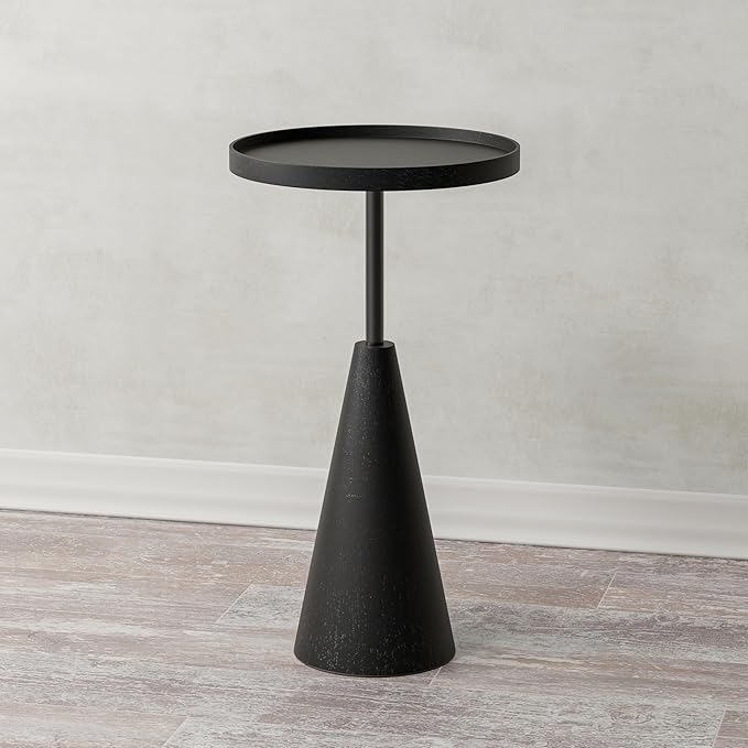 COZAYH Modern Round End Table with Raised Edge Tray Top, Wooden Pedestal Side Table with Rubber Wood Base for Living Room, Entryway, Office (Black)