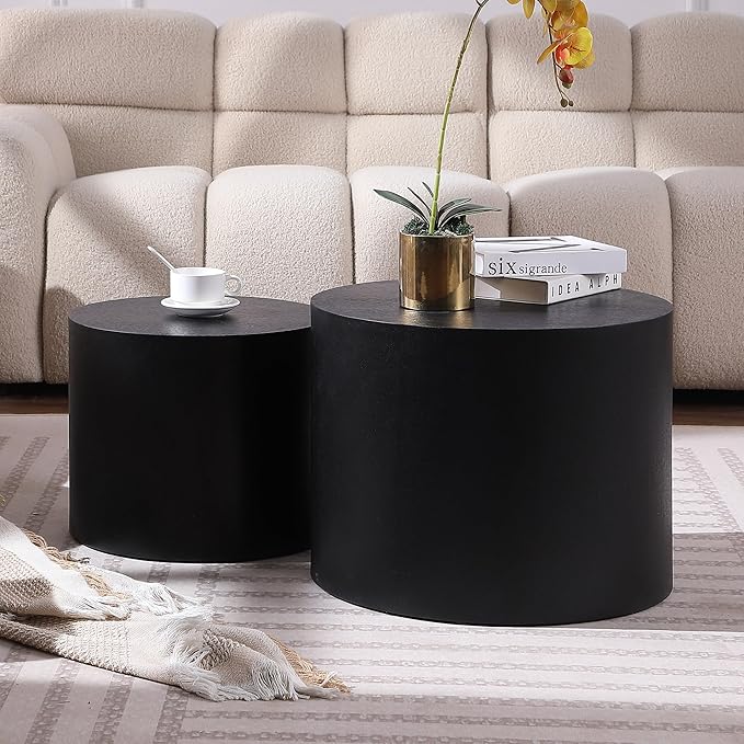 Small Coffee Table Nesting End Table Set of 2, Round Coffee Table Wood Side Table Circle Accent Tables for Small Spaces Living Room Bedroom Balcony Office, Black