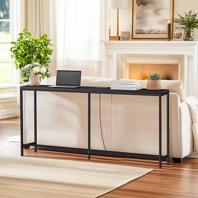 70 Inch Console Table with Outlet, Sofa Table with Charge Station Long Entryway Table for Office, Hallway, Bedroom, Living Room(Charcoal Black)