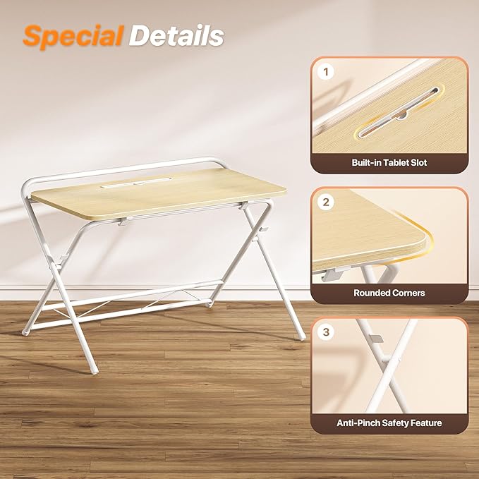Huuger Folding Desk with 3-Level Adjustable Height and Tablet Slot, 32 Inch Foldable Computer Desk for Small Spaces, Space Saving, Writing Work Table for Home Office, Bedroom, Study, Oak