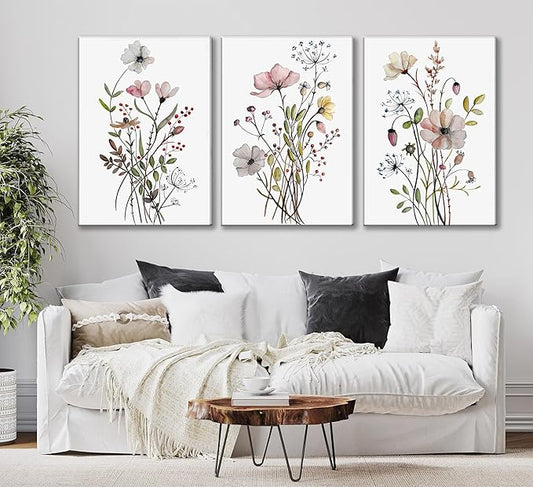 3Pcs Watercolor Wildflower Canvas Wall Art Modern Minimalist Colorful Botanical Floral Painting Pictures Wall Decor Flower Posters Print Artwork for Living Room Bedroom Home Decoration