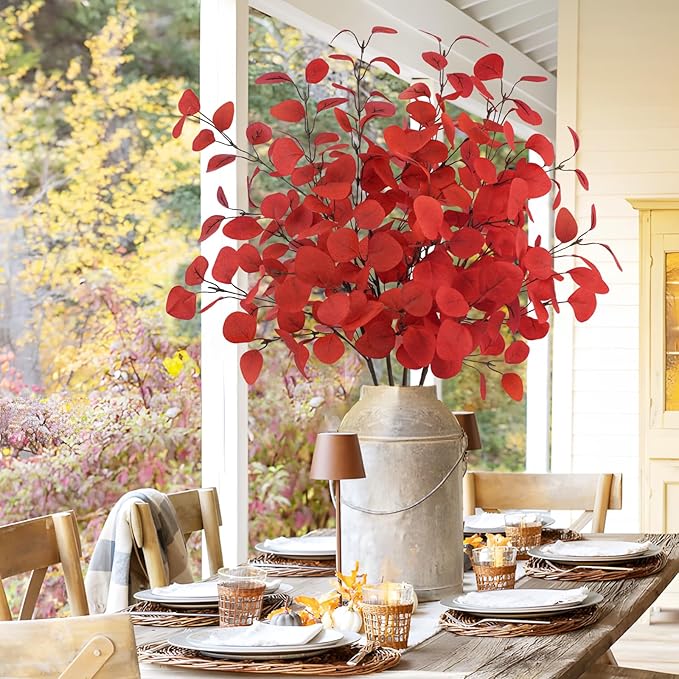 16Pcs Artificial Eucalyptus Leaves Stems 33.8‘’ Eucalyptus Plants Branches Greenery for Home Fireplace Farmhouse Party Wedding Table Bathroom Christmas Décor Red