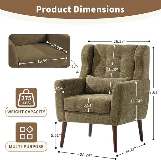 Modern Accent Chair, Upholstered Arm Chair with Waist Pillow, Single Sofa Chair for Living Room Bedroom Small Spaces (Olive)