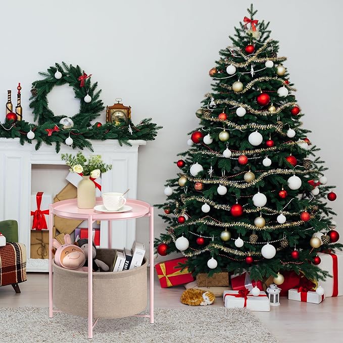 danpinera Round Side Table with Fabric Storage Basket, Metal Side Table Small Bedside Nightstand with Removable Tray Top for Living Room, Bedroom, Nursery, Laundry, Light Pink