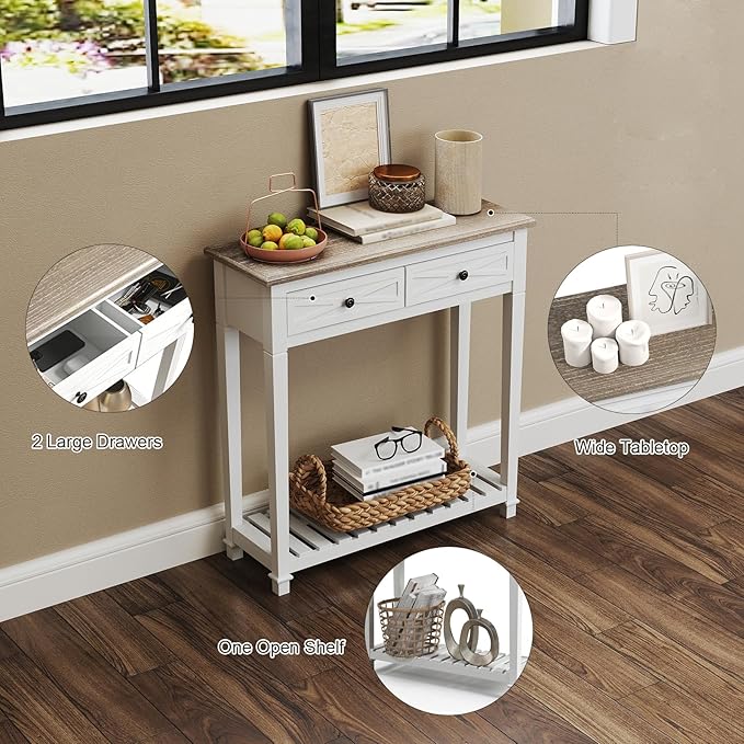 kinbor Entryway Table - White Console Table with 2 Drawers, Narrow Small Console Table with Storage Shelf for Entryway, Living Room, Hallway, White