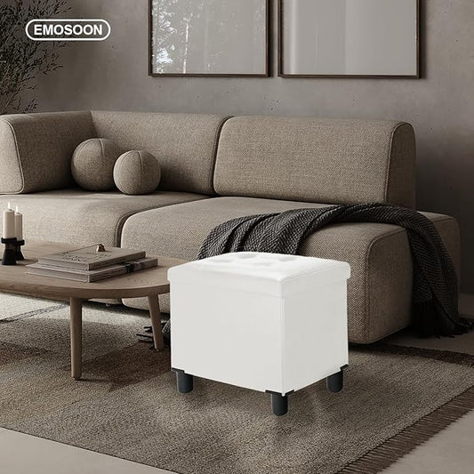 18 Inches Cube Storage Ottoman, Faux Leather Collapsible Square Folding Ottoman Furniture with Storage for Living Room Bedroom, Foot Rest Foot Stool with Legs, White 18x18x18 Inches