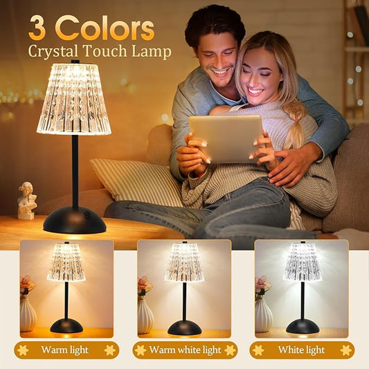 Cordless Touch Table Lamp, 3500mAh Rechargeable Small Dask Lamp, 3 Colors Dimmable Battery Operated Crysta Lamp for Bedroom Restaurant Kitchen Home Decor, Black, 2pcs