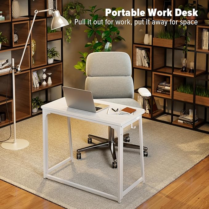 WOHOMO Folding Desk, 31.5" Small Desk for Small Spaces, Easy Assemble Foldable Computer Desk for Laptop, Mini Portable Working Table Narrow Wooden Writing Workstation for Home Office, White