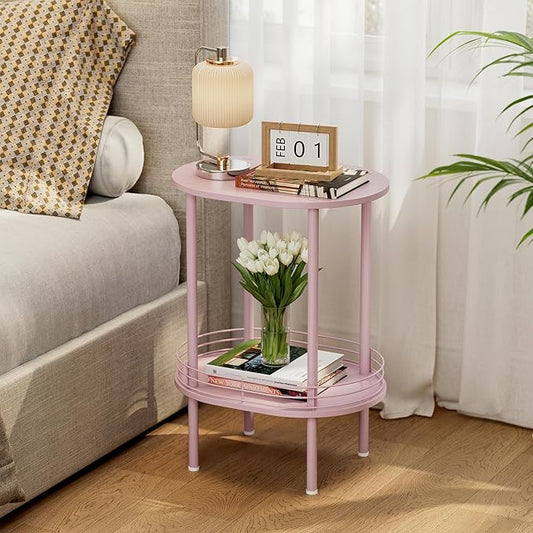 Small Round Side Table Set of 2,Bedside Table with Storage, Morden Round Nightstand, Samll Side Table for Living Room,Bathroom,Bedroom, Nursery, Laundry, Pink