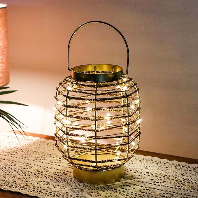 Battery Operated Table Lamp 7.7 "H Metal Cage LED Cordless Lamp with 6-Hour Timer, Vintage Decorative Fairy Lights Lantern for Indoor/Outdoor Bedrooms Weddings Parties Patio Events