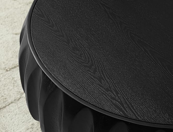 WILLIAMSPACE 31.5" Round Coffee Table with Elegant Sculptural Design, Solid Wood Carved Center Drum Coffee Table Circle End Side Table with Sturdy Base, Black