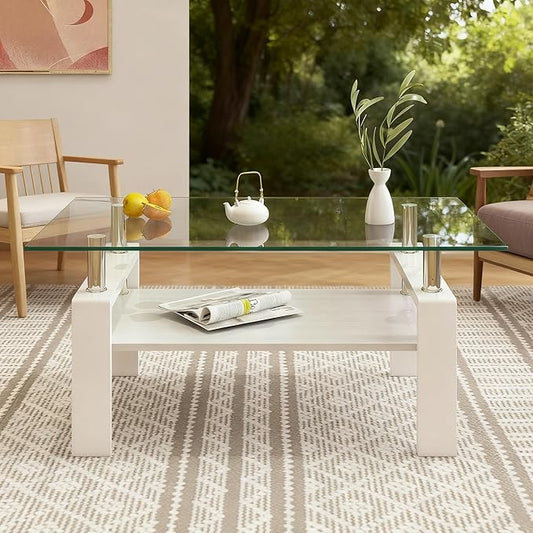 Coffee Table for Living Room, Modern Rectangle Tempered Glass Center Table with MDF Storage Shelf, 220lbs Load-Bearing for Small Space, Apartment, Office (Transparent + White + Tempered Glass)