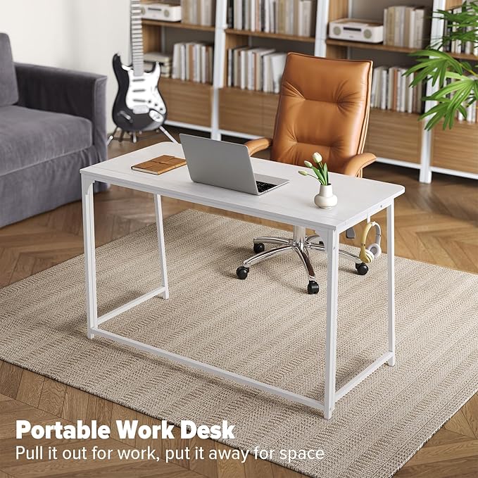 WOHOMO Folding Desk, 47.2" Foldable Computer Desk for Bedroom, Space Saving Computer Table Writing Workstation for Home Office, Easy Assembly, White