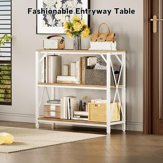Homeiju Console Table 31.5" Width, 3-Tier Entryway Table with Storage, Industrial Sofa Table with Open Shelves, Foyer Tables for Entryway, Hallway, Kitchen, Living Room and Bedroom, Light Coffee