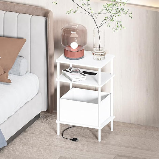 Small Side Table with Charging Station, End Table for Small Spaces, Slim Nightstand with Outlet,Sofa Beside Table, 3-Tier Storage Shelf,Living Room, Bed Room, Natrual White