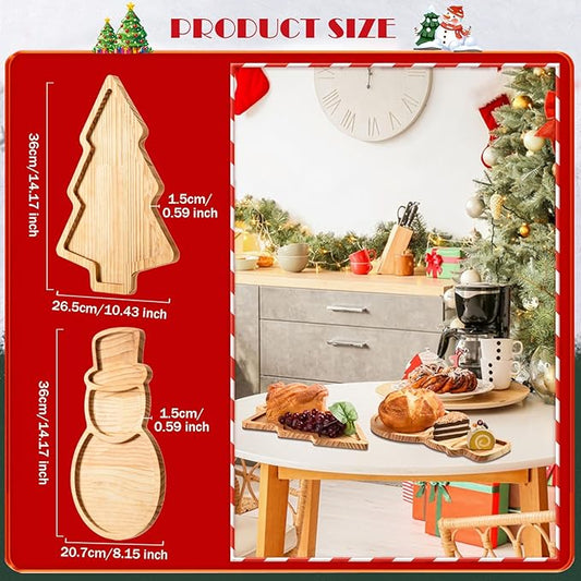 AWIZOM 2 Pcs Christmas Wooden Serving Platters Christmas Tree and Snowman Charcuterie Boards Xmas Wood Trays Decorative Wooden Snack Cheese Dish Plate for Winter Holiday Housewarming Present
