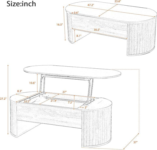 47.2" Lift Top Fluted Coffee Table with Hidden Compartment, Modern Oval Wooden Center Table Cocktail Tea Table with Curved Safety Corners and Adjustable Height for Living Room, Brown