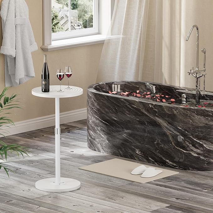Round Side Table, Small Drink Table for Small Spaces, Adjustable-Height Pedestal Martini Table, Weighted Base Cocktail Stand for Living Room, Bedroom, Bathroom, Nursery, Office, White