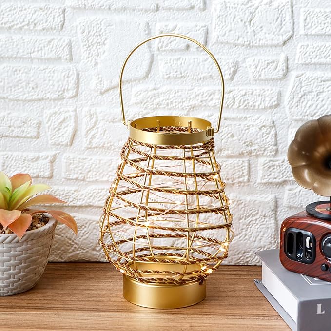 Metal Cordless Table Lamp 8 "H Metal Cage LED Cage Lamp with 6-Hour Timer, Vintage Decorative Fairy Lights Lantern for Indoor/Outdoor Bedrooms Weddings Parties Patio Events