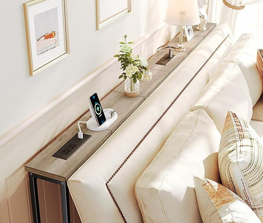 SUPERJARE 78.8 Inch Narrow Console Table with Outlet, Sofa Table Set of 2, Behind Couch Table, Long Entryway Tables with Charging Station, for Living Room, Oak