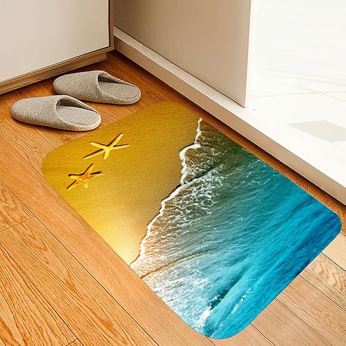 Bath Rugs Sponge Foam Absorbent Soft for Bathroom and Kitchen (21X35.5 inches), Flannel Mat Non Slip Bright 3D Print for Bedside and Living Room(Starfish Beach)