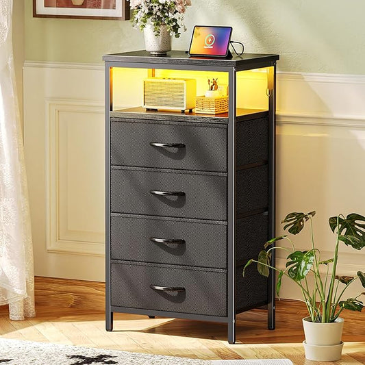 Huuger Night Stand with Charger Station and LED Lights, 4 Drawer Nightstand, Bed Side Table with Open Shelf, End Table, Fabric Dresser for Bedroom, Black
