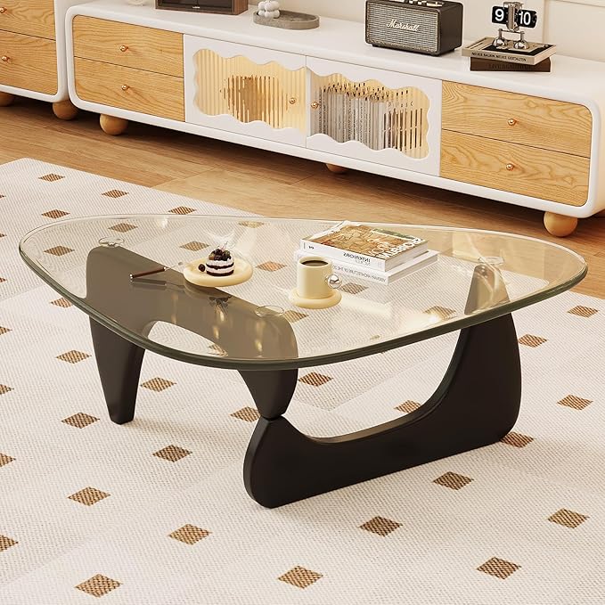Coffee Table for Living Room Mid Century Modern Center Table with Glass Top and Wood, Transparent/Black
