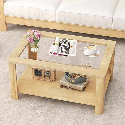 Tangkula 2-Tier Coffee Table, Rectangular Center Table with Tempered Glass Tabletop & Storage Shelf, Farmhouse Wooden Accent Table with Rounded Corners for Living Room (Natural)