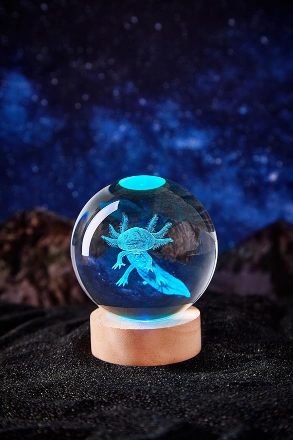 Axolotl Crystal Ball Lamp with LED Wooden Base, 16 Colors Change & Remote Control Crystal Ball Night Light, Upgraded 3.15 Inch Glass Light, Gift for Kids Wife Girlfriend (Axolotl)
