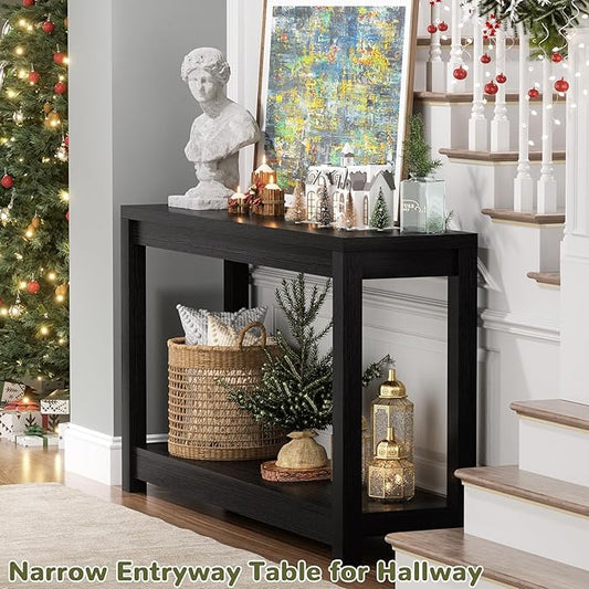 Small Farmhouse Wood Entryway Table Narrow Console Table with Storage Behind Couch Sofa Table with Shelves Entry Way Table with Open Storage, Easy Assembly, 32" Embossed Wood Grain Black