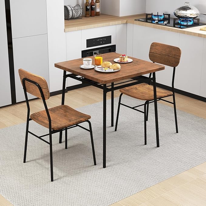 GOFLAME 3-Piece Dining Table Set for 2, Wood Square Kitchen Table & Chairs Set with Metal Frame, Storage Rack, Space-Saving Industrial Dinette Set for Dining Room, Living Room, Breakfast Nook