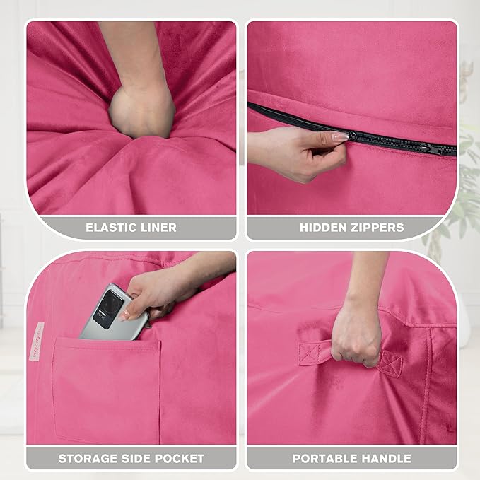4FT Bean Bag Chair with Ultra Soft Velvet Cover Bean Bag Sofa with Memory Foam Bean Bag Chairs with Large Size Lazy Sofa for Dorm Office Living Room Bedroom Hot Pink 4'