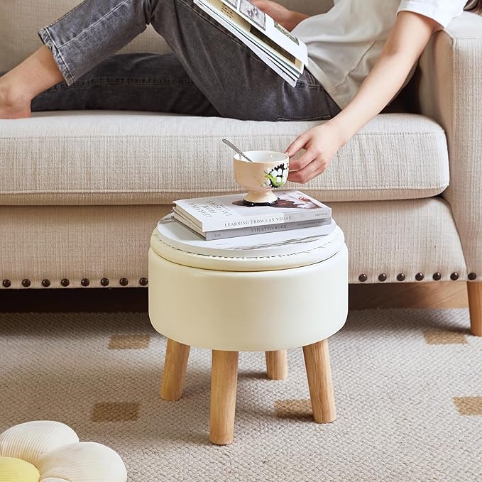 IBUYKE 13 Inch Foot Stool Ottoman with Storage, Round Small Foot Rest with Padded Seat and Wood Legs, PU Faux Leather Mini Footstool for Living Room Couch Bedroom Entryway, Beige WBD023W