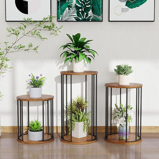 Plant Stand Indoor,small plant stool,Flower Pot Corner stand holder,Mid Century Heavy Duty Metal Tall Home Decor,Modern Round End Table,Small Rustic Display Stand for Living Room,Bedroom (Brown,3 Packs)