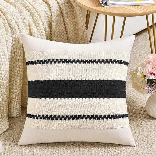 Fancy Homi Set of 2 Boho Black Decorative Throw Pillow Cover 18x18 Inch for Couch Bed Sofa, Aesthetic Modern Organic Farmhouse Home Decor, Soft Cotton Cute Accent Macrame Woven Cushion Case
