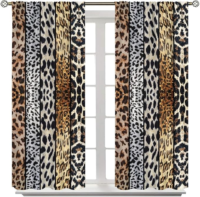 Leopard Print Blackout Curtain, Rustic Wild Animal Skin Farmhouse Fur Leopard Print Drapes, Rod Pocket Window Treatments 2 Panels Curtains for Kitchen Living Room Bedroom Cafe Decor 84"W X 84"L