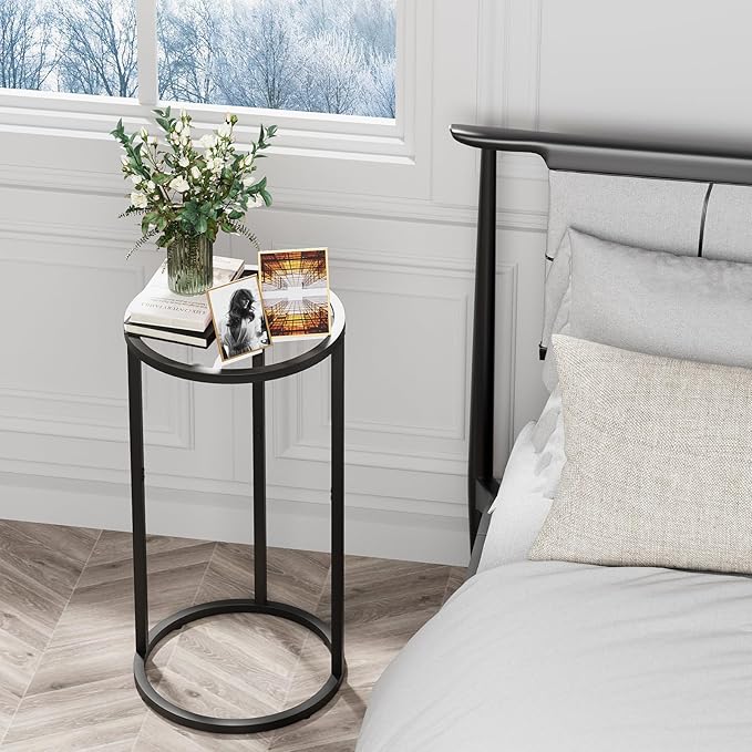 Round Side Table,Glass C Table,Couch End Table, Tempered Glass Snack Table with Metal Frame, Sofa Couch Bedside Table,TV Tray Table for Small Space(Black)