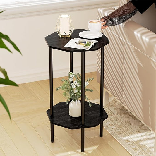 Side Table, Octagonal End Table for Small Spaces, Nightstand with 2 Storage Shelves, Small Table Stand for Bedroom, Living Room, Outdoor Balcony(Black)