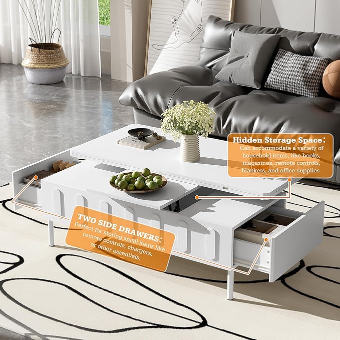 43.3-Inch Lift Top Coffee Table with Hidden Storage & 2 Drawers, Modern Multifunctional Center Table with Foldable Top for Living Room, White