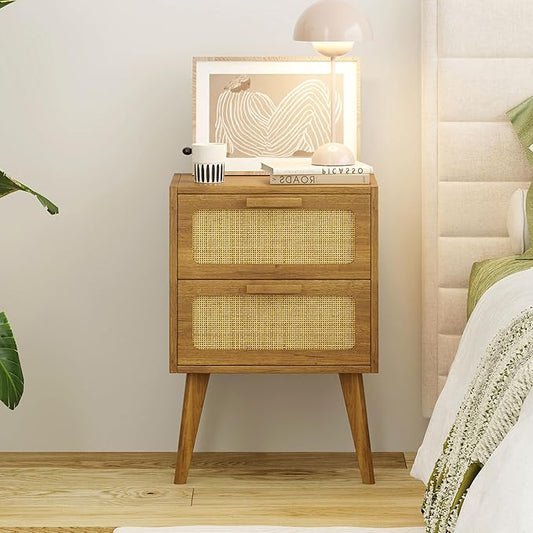 Rattan Nightstand,End Table, Side Table with 2 Hand Made Rattan Decorated Drawers,Boho Bedside Table,Wood Accent Table with Storage for Livingroom, Bedroom, Toffee Wood CTG59T