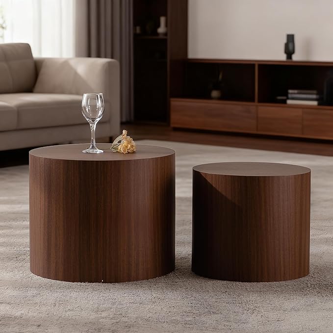Nesting Round Coffee Table Set of 2, Small Circle Accent End Table for Small Spaces, Morden Drum Side Table, Wooden Center Table for Living Room, Fully Assembled - Dark Walnut