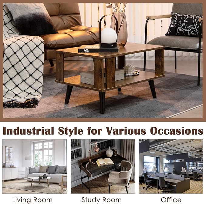 Tangkula Small Coffee Table for Small Space, 2-Tier Wooden Center Table with Open Storage Shelf, Side Baffle, Easy Assembly, Industrial Side Table for Living Room Bedroom (Rustic Brown)